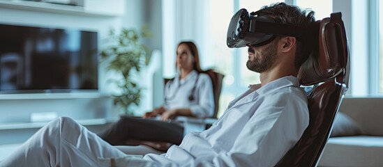 Patient male hand with VR box Female doctor doing physical therapy by extending the hand the concept of technology helped the feeling as if a doctor came to treat at home. with copy space image