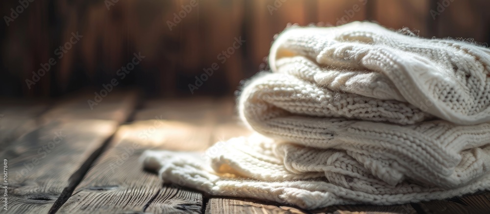 Poster Stack of white cozy knitted sweaters on a wooden table. with copy space image. Place for adding text or design