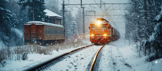 The freight train is moving along a snow covered railway. with copy space image. Place for adding text or design