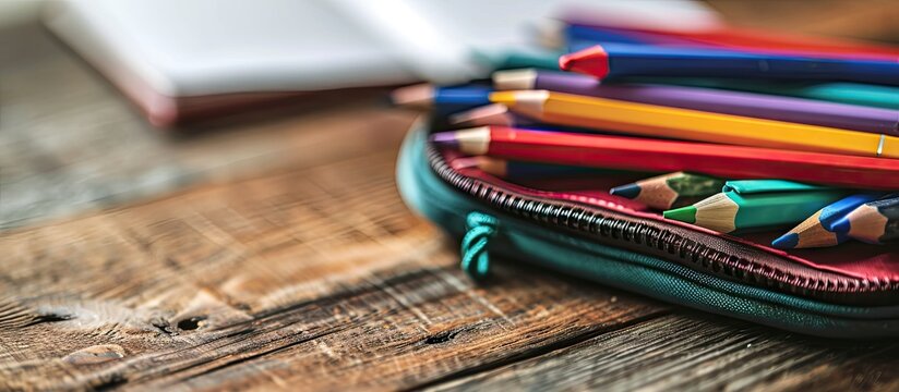 school supplies with colorful pens or water color pens note book and pencil case. with copy space image. Place for adding text or design