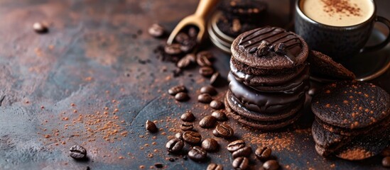 Sandwich cookies filled with chocolate ganache and paired with espresso. with copy space image. Place for adding text or design - obrazy, fototapety, plakaty