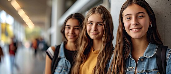 three students smile at camera girl in center. with copy space image. Place for adding text or design