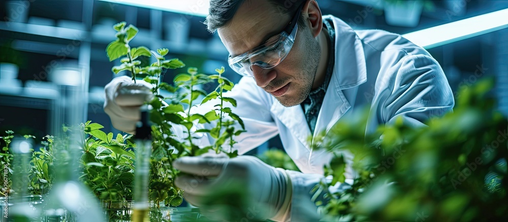 Poster slide view of biologist researcher analyzing gmo green leaf using medical microscope chemist scienti