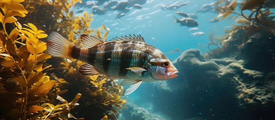 Striped sea perch swimming over kelp forest. with copy space image. Place for adding text or design