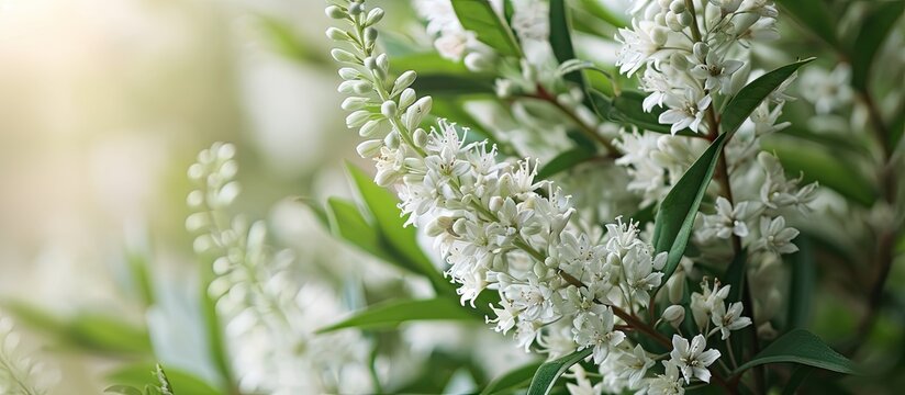 The gooseneck loosestrife Lysimachia clethroides flowering with tiny flowers grouped in terminal spikes each flower is snow white with five petals. with copy space image