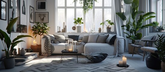 Plants and carpet in white living room interior with candles next to grey couch Real photo. with copy space image. Place for adding text or design - obrazy, fototapety, plakaty