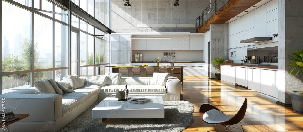 Poster Open space studio apartment with kitchen and living area. with copy space image. Place for adding text or design