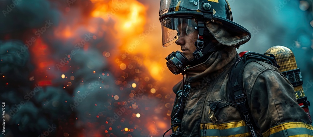 Poster professional firefighter s posture and expression reflect a sense of pride and accomplishment embody