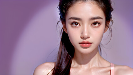 Beauty portrait of a beautiful young woman with glowing skin. Beautiful real face, beauty image.