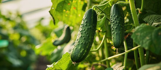 the farmer holds in his hand a long fruited cucumber in a greenhouse long cucumber. with copy space image. Place for adding text or design