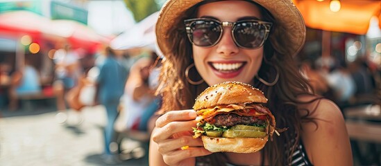 stylish hipster woman holding juicy burger and eating boho girl biting hamburger smiling at street food festival summertime summer vacation travel space for text. with copy space image - obrazy, fototapety, plakaty