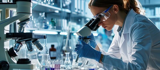 Science focus and plant with woman in laboratory for medical pharmacy and research Biotechnology...