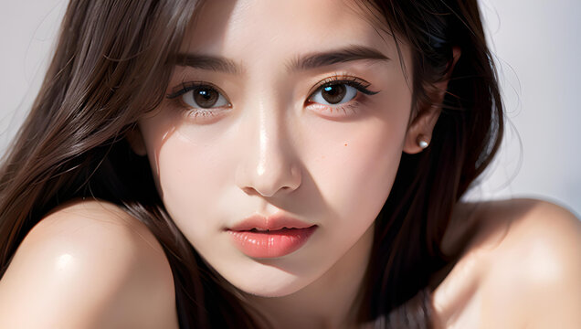 Beauty portrait of a beautiful young woman with glowing skin. Beautiful real face, beauty image.