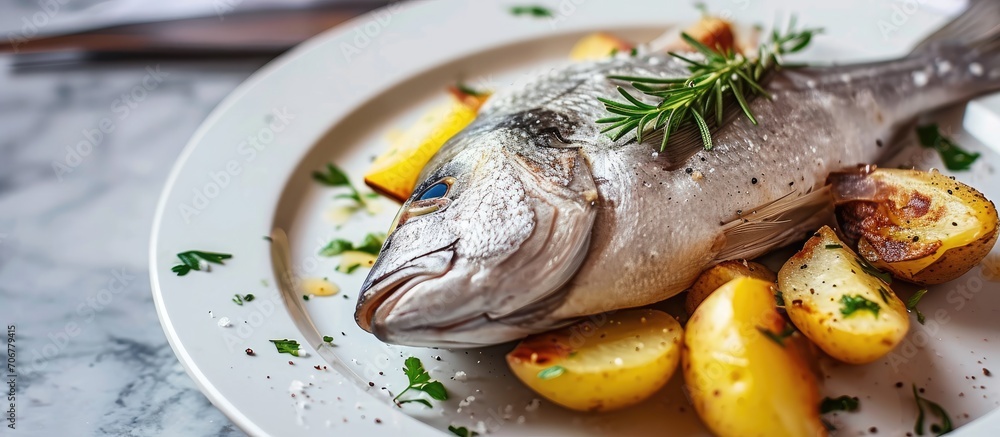 Poster Sea bream fish with potato on white plate close up. with copy space image. Place for adding text or design