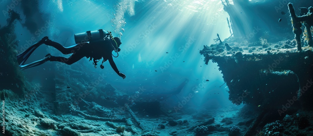 Poster scuba diver professional diving in a shipwreck. with copy space image. Place for adding text or design