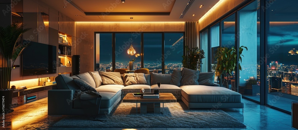 Poster night scene of a stylish and modern living room. with copy space image. place for adding text or des