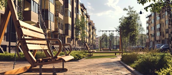Fototapeta na wymiar Street swings hang in the courtyard of the house a children s playground on the street wooden swings on chains a residential quarter a place of rest for citizens High quality photo
