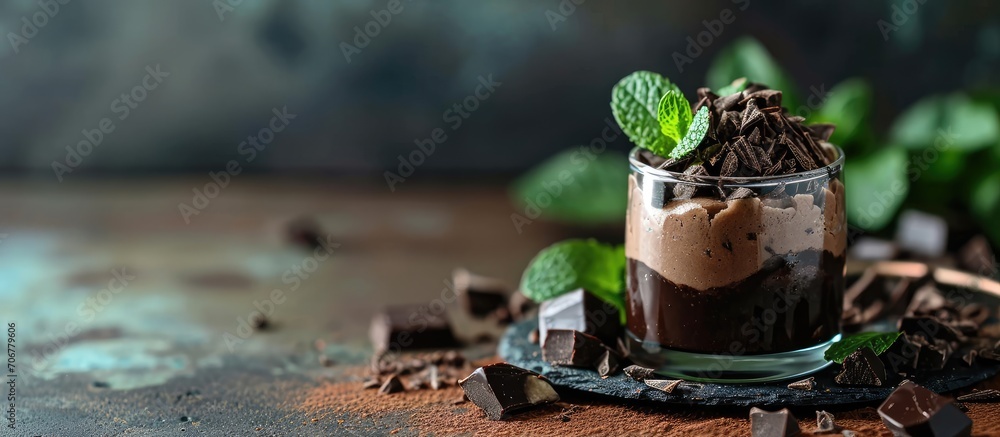Aufkleber raw avocado chocolate mousse topped with chocolate and mint selective focus healthy vegan chocolate 
