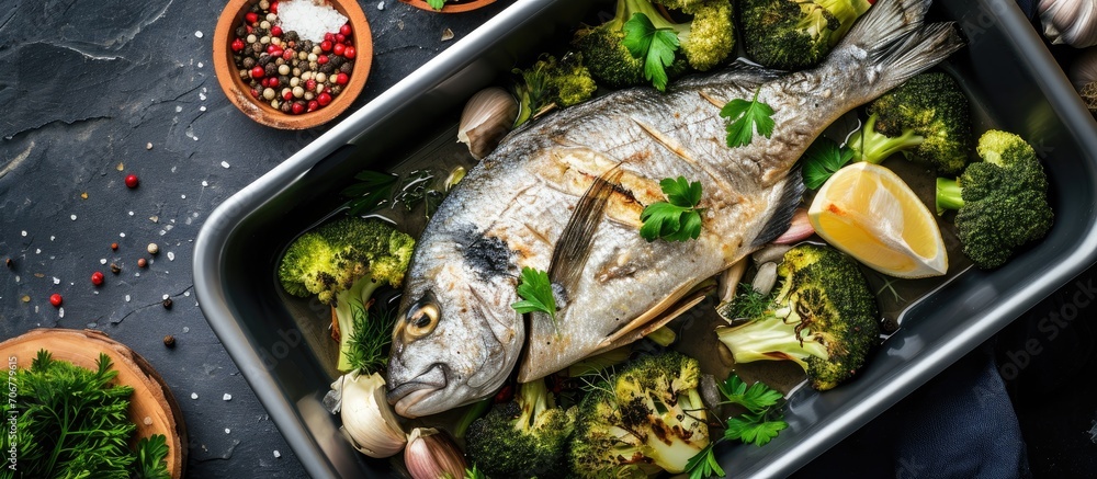 Poster salmon baked roasted fish steaks slices grilled salmon trout fillet fish in marinade with broccoli i