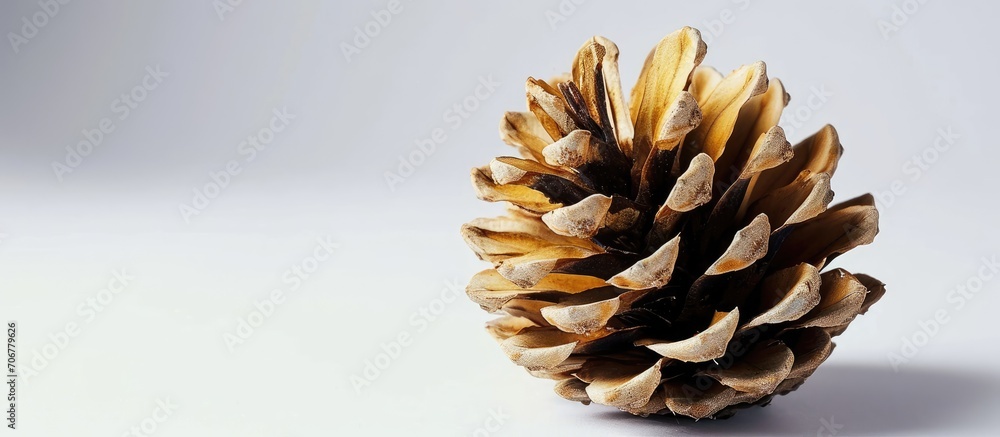 Aufkleber Pine cone on conifer leaves dry yellow needles isolated on white. with copy space image. Place for adding text or design