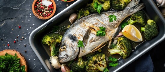 Salmon Baked roasted fish steaks slices Grilled salmon trout fillet fish in marinade with broccoli in baking dish Diet meal dinner Top view. with copy space image. Place for adding text or design