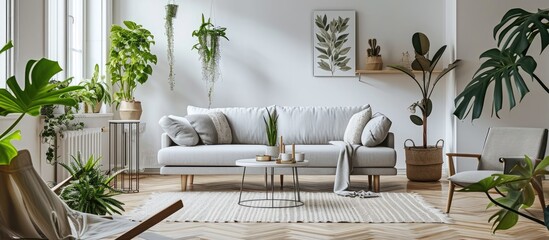 Plants and carpet in white living room interior with candles next to grey couch Real photo. with copy space image. Place for adding text or design