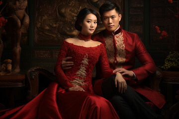 chinese groom and bride wearing chinese wedding attire