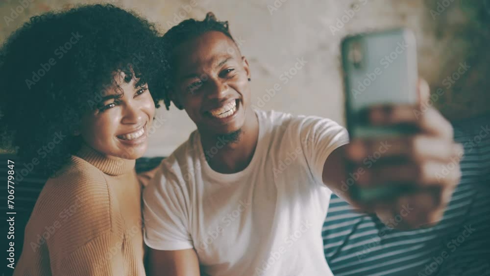 Sticker Couple, selfie and smiling for social media post on technology, smartphone and relaxing on couch. Living room, black people and picture for blog update at home, happy and mobile application or web