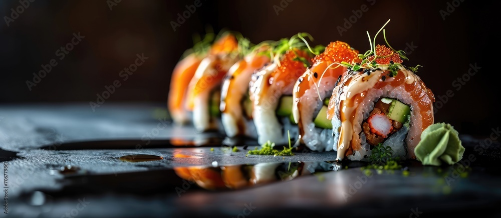 Fototapete Philadelphia roll sushi with salmon prawn avocado cream cheese Sushi menu. with copy space image. Place for adding text or design