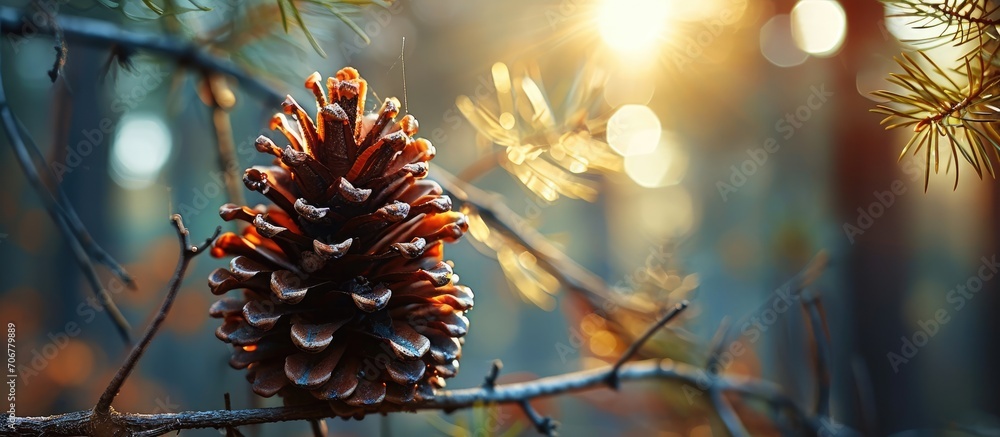Poster Spring pine cone on a stick with blurry shallow depth of field. with copy space image. Place for adding text or design