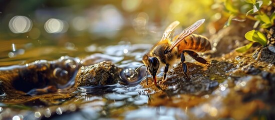 Several bees apis mellifera on the cracks of wet rocks and drinking natural spring water. with copy space image. Place for adding text or design - obrazy, fototapety, plakaty