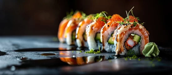 Fotobehang Philadelphia roll sushi with salmon prawn avocado cream cheese Sushi menu. with copy space image. Place for adding text or design © vxnaghiyev