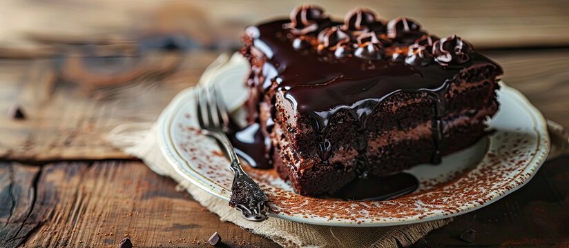 super chocolate cake with chocolate sauce. with copy space image. Place for adding text or design