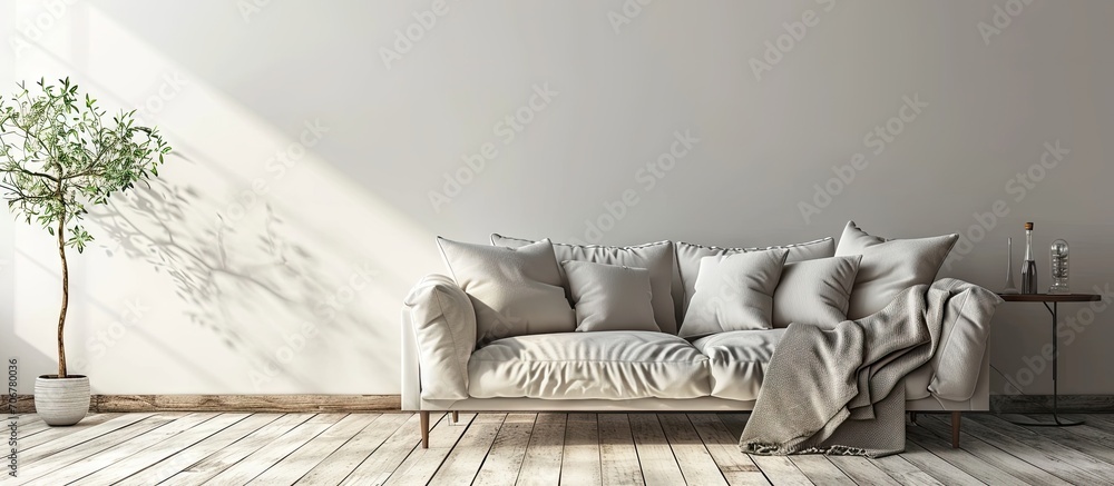 Poster Pillow and blanket on elegant sofa in spacious living room with copy space wall. with copy space image. Place for adding text or design