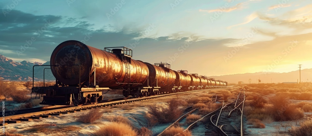 Poster railway freight train with tank cars moving through the semi desert. with copy space image. place fo