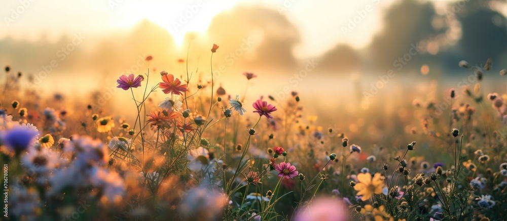 Poster sunrise in the field landscape with magic pink cosmos flowers in blooming with sunset background fos