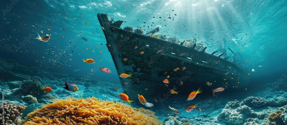 Poster tropical fish swim around a coral encrusted underwater shipwreck. with copy space image. place for a