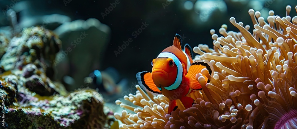 Aufkleber red sea clownfish with bright red sea anemone. with copy space image. Place for adding text or design