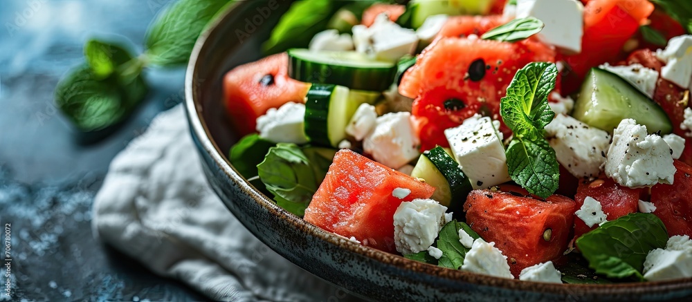 Poster Summer salad with watermelon mint cucumber and feta cheese close up Shadows. with copy space image. Place for adding text or design