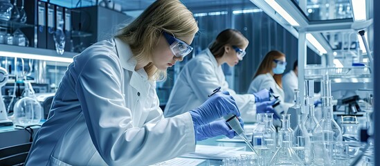 Scientists in laboratory Young female researcher and her senior supervisor are doing investigations with Petri dish Genetic engineering Making biological discovering Biochemistry biotechnology - obrazy, fototapety, plakaty