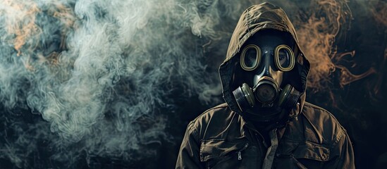 the man in anti gas mask in vapours of gas. with copy space image. Place for adding text or design - obrazy, fototapety, plakaty