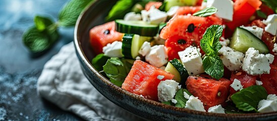 Summer salad with watermelon mint cucumber and feta cheese close up Shadows. with copy space image. Place for adding text or design