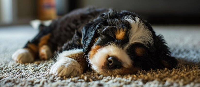 Tri colored Mini Bernedoodle Puppy sleeping on carpet. with copy space image. Place for adding text or design