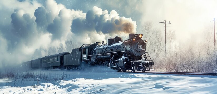 steam freight train passing through snow wallpaper. with copy space image. Place for adding text or design