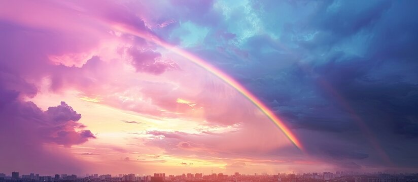 Rainbow in the city after the rain pastel color sky. with copy space image. Place for adding text or design