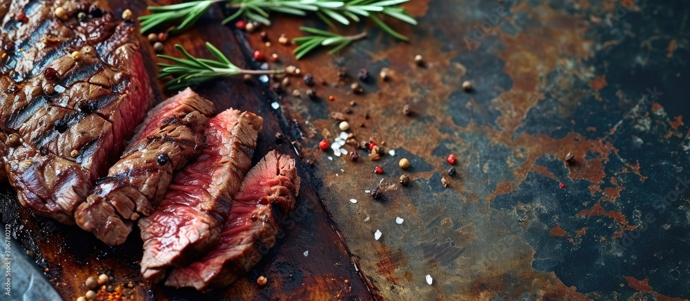 Aufkleber Pieces of cooked rump steak with spices served on grill pan Steak of marbled beef black Angus Raw beef ramp steak top view. with copy space image. Place for adding text or design