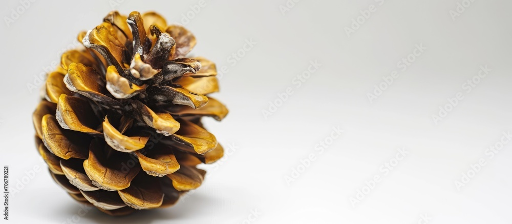 Poster Pine cone on conifer leaves dry yellow needles isolated on white. with copy space image. Place for adding text or design