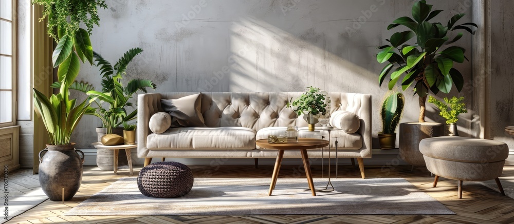 Aufkleber Stylish sofa details of couch fabric and pillows Boho design comfortable sofa with textures and modern furniture. with copy space image. Place for adding text or design
