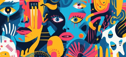 Obraz premium Abstract colorful art with eyes and hands in vibrant pattern. Modern creativity and design.