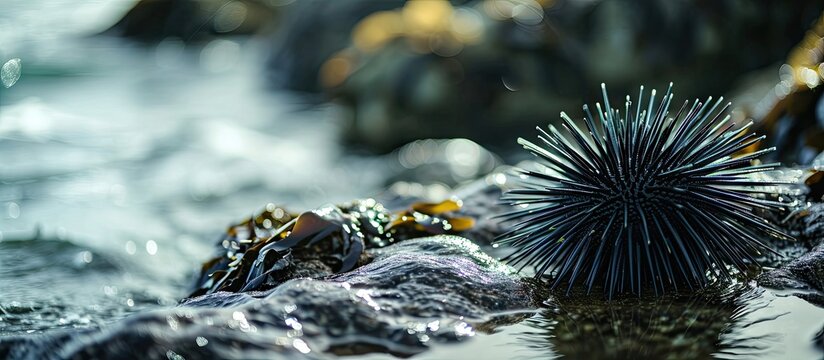 Sea urchins have hard and sharp feathers besides that most sea urchins are black and live attached to rocks. with copy space image. Place for adding text or design